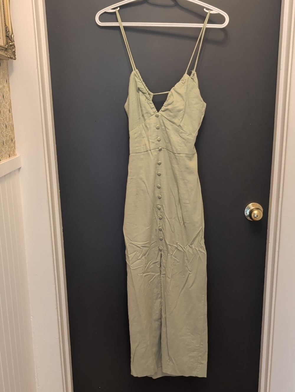 Zara Sage Green Button-Front Maxi Dress with Double Spaghetti Straps